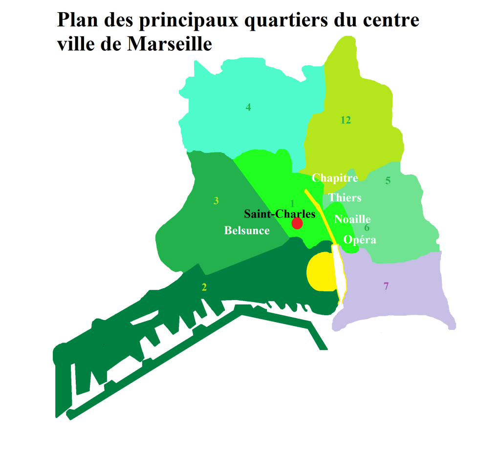 plan du centre de Marseille situant le quartier Belsunce et le mémorial de la Marseillaise